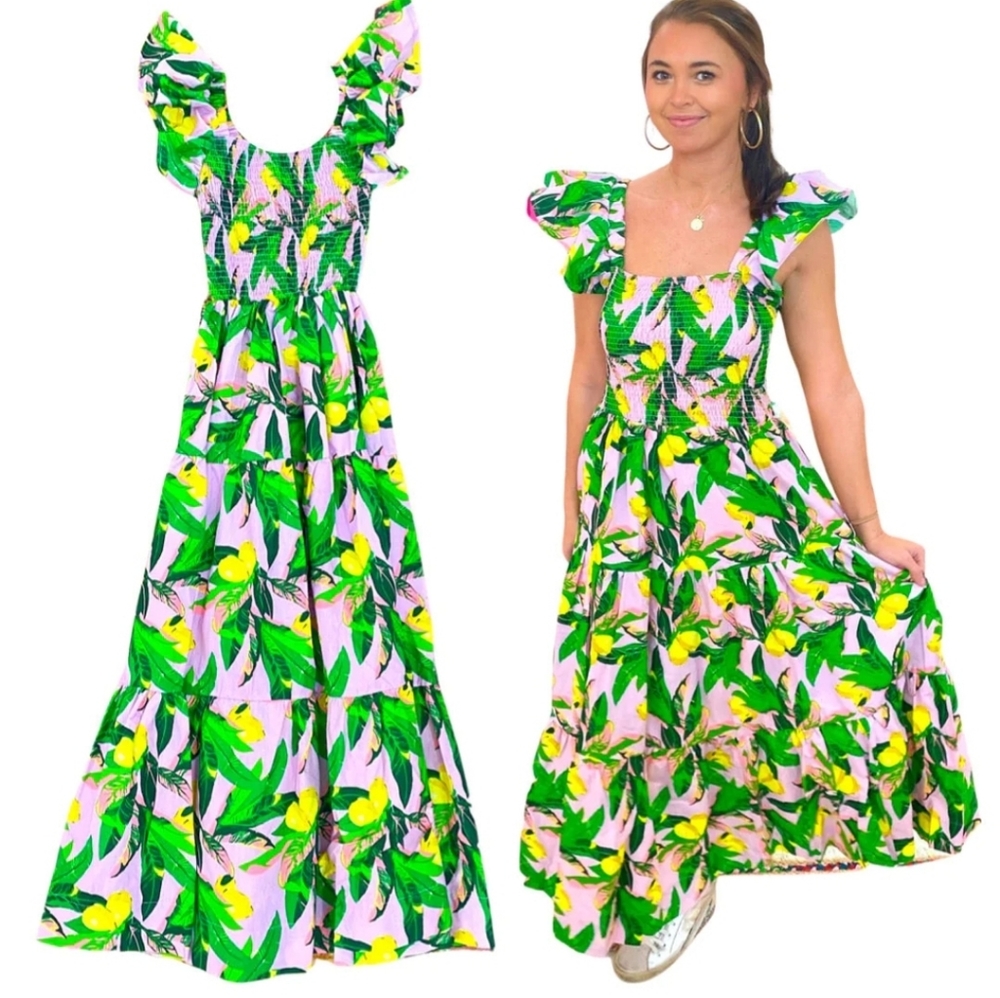 Pink Lemon-Print Maxi Dress with Ruffled Shoulders